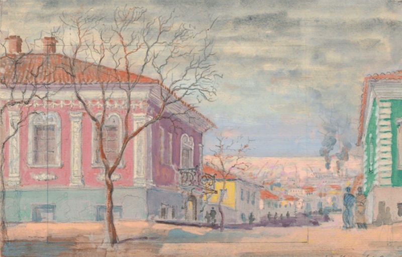 Зарисовка домиков в районе строительства гостиницы «Октябрь». И. Каракис. 1941 год